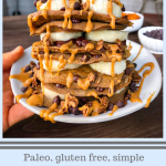 Paleo pancakes with bananas, chocolate chips, peanut butter drizzle on a white plate