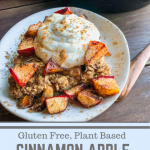 Slice of baked oatmeal topped with yogurt, cinnamon apples on a white plate