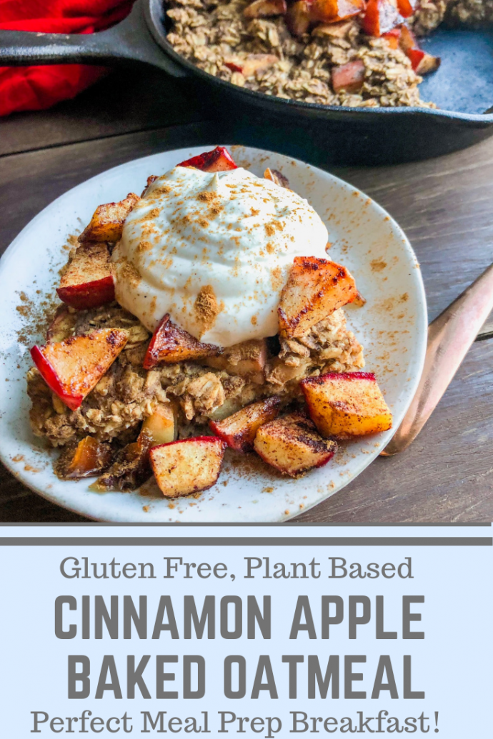 Slice of baked oatmeal topped with yogurt, cinnamon apples on a white plate