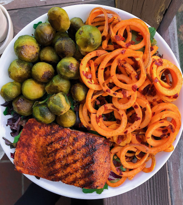 Sweet Potato Noodles, salmon, and brussel sprouts