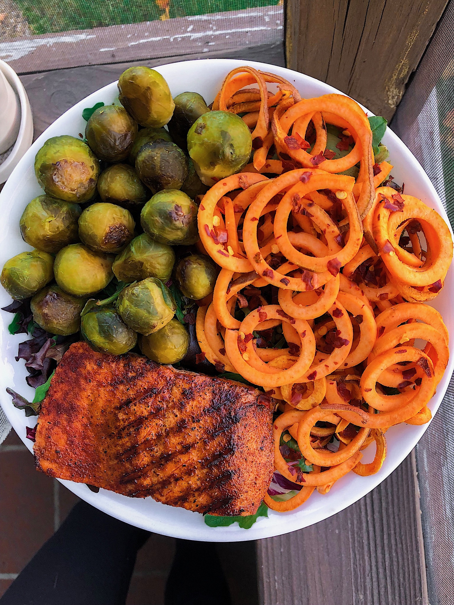 Sweet Potato Noodles, salmon, and brussel sprouts