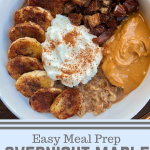 oatmeal with peanut butter, kefir, dates, and bananas on top in a white bowl