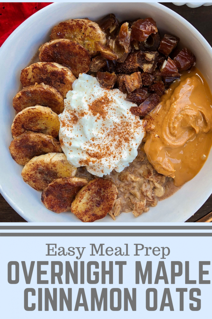 overnight maple cinnamon oatmeal with peanut butter, kefir, dates, and bananas on top in a white bowl 