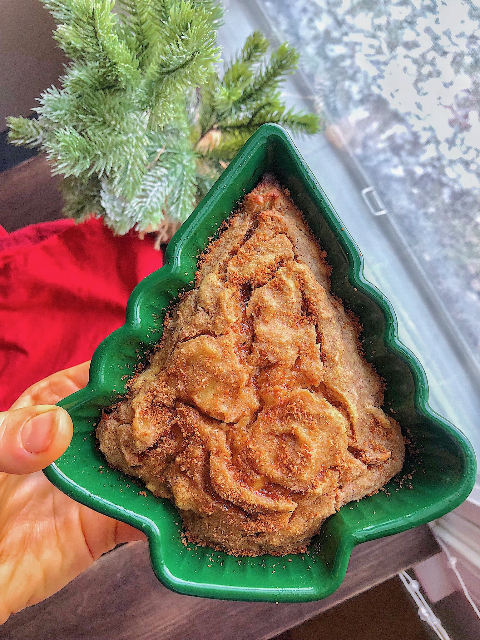 Paleo banana bread in a christmas tree ramekin