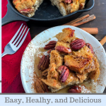 Maple Pecan French Toast bake on a white plate against a wood background