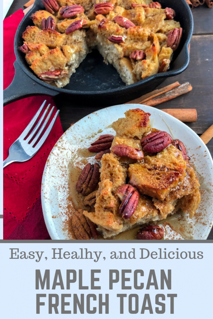 Maple Pecan French Toast bake on a white plate against a wood background