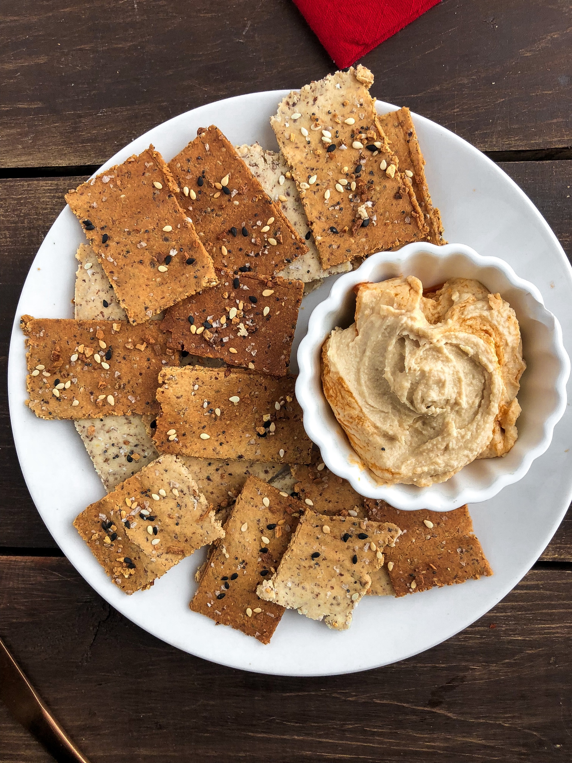 Paleo crackers with trader joe's everything but the bagel seasoning on top.