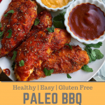 paleo bbq chicken tenders with cheese sauce and bbq sauce to dip