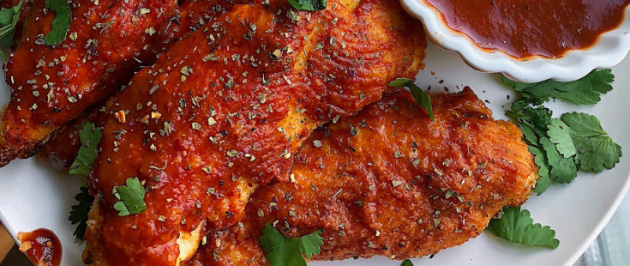 paleo bbq chicken tenders with cheese sauce and bbq sauce to dip