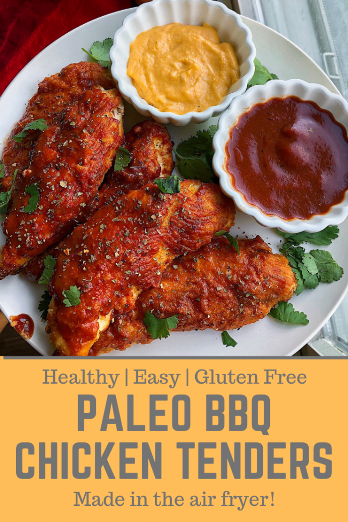 paleo bbq chicken tenders with cheese sauce and bbq sauce to dip