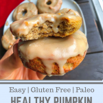 paleo pumpkin donuts on a white plate with a 3 ingredient icing