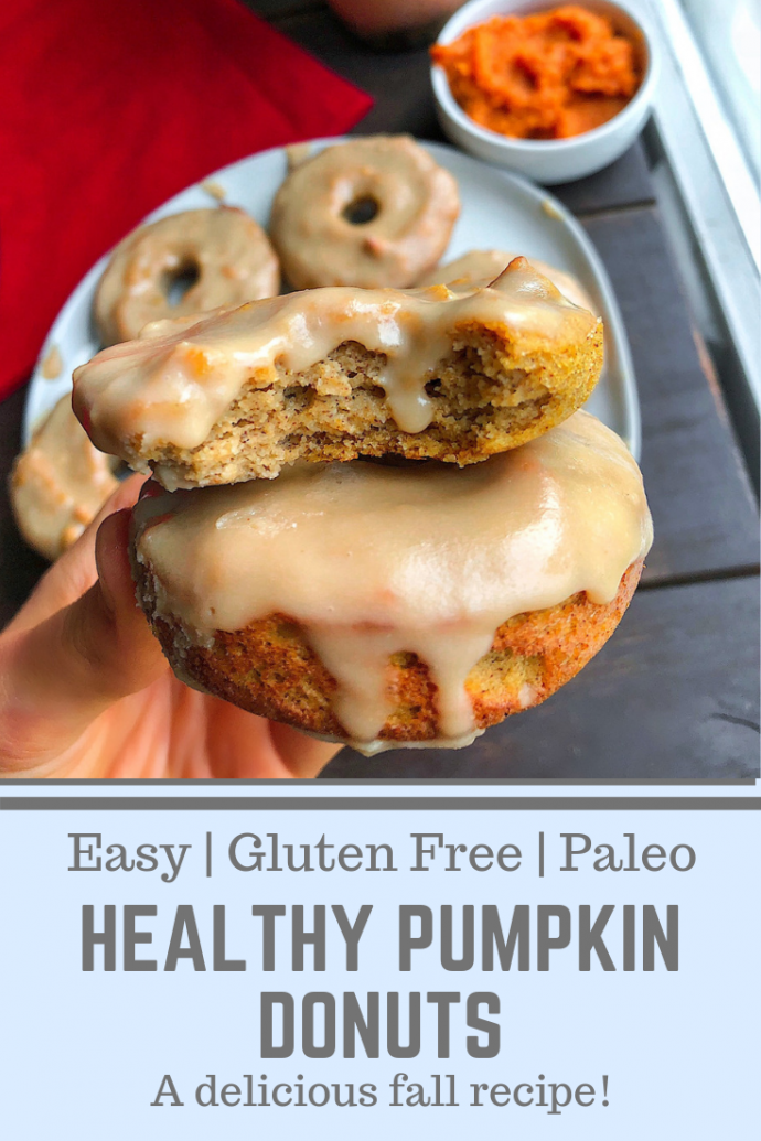 paleo pumpkin donuts on a white plate with a 3 ingredient icing