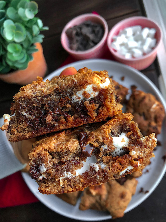 s'mores cookie bars on a white plate that are gluten free