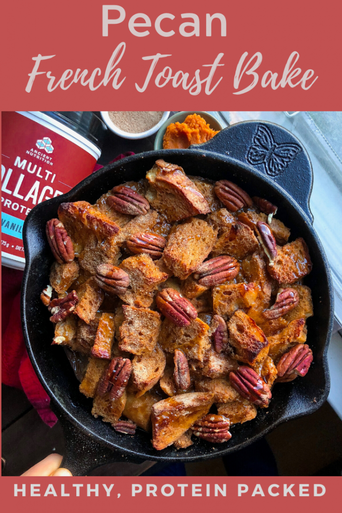 french toast bake in a cast iron skillet with pumpkin and pecans