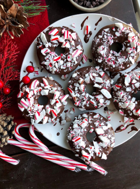 peppermint chocolate donuts with crushed candy canes on top