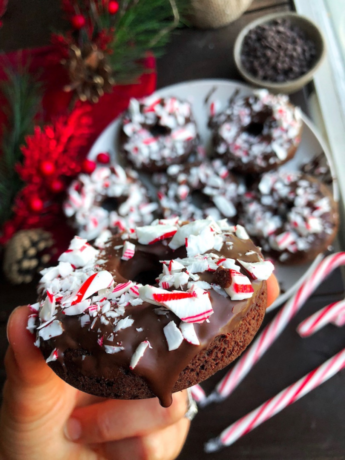 peppermint chocolate donuts with crushed candy canes on top