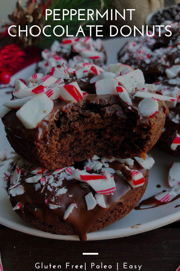peppermint chocolate donuts with crushed candy canes on top
