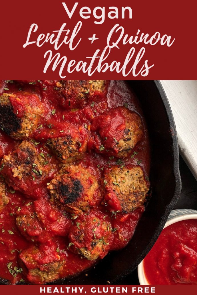 vegan meatballs in a red sauce in a cast iron pan