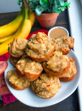 Pb banana muffins on a white plate