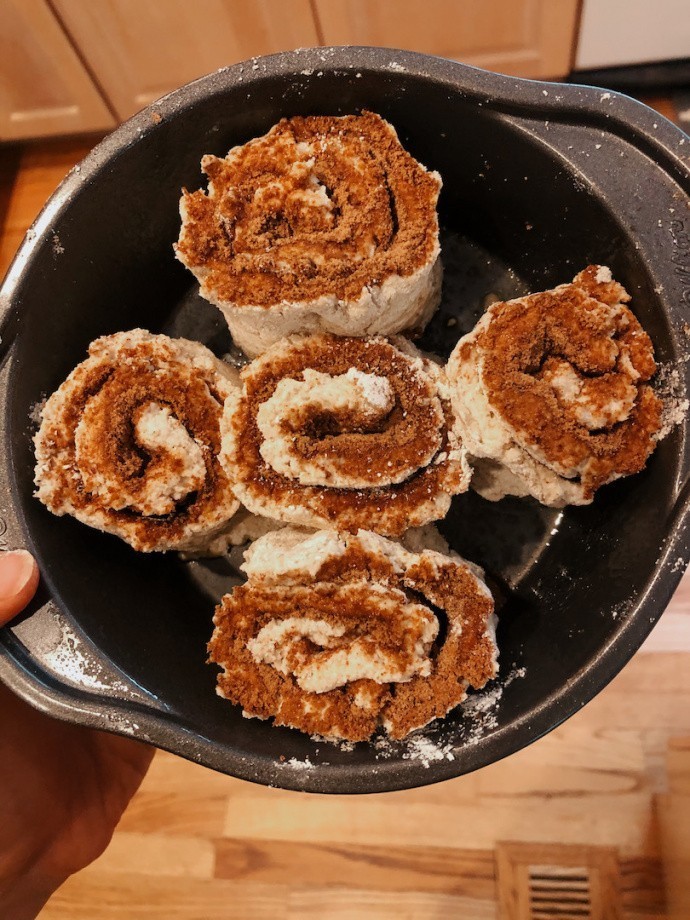 healthy cinnamon rolls in a baking dish