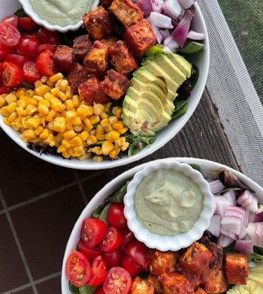 BBQ tofu bowls with avocado tahini dressing (vegan, gluten free)