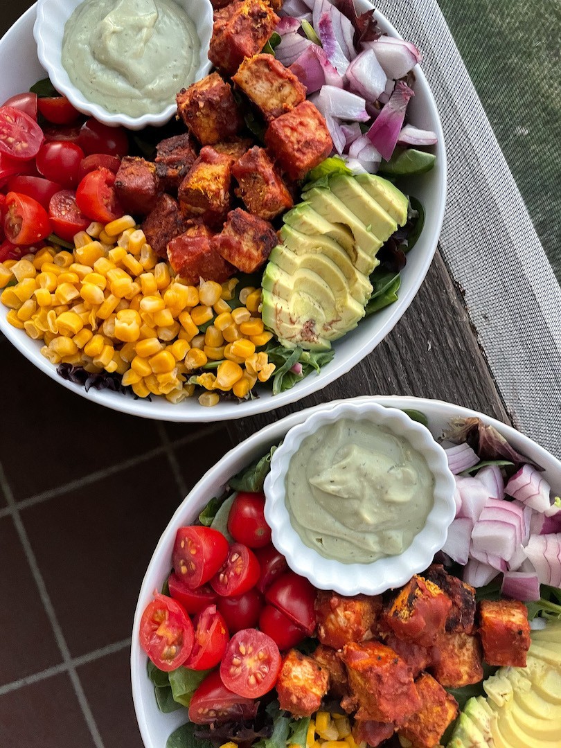 BBQ tofu bowls with avocado tahini dressing (vegan, gluten free)