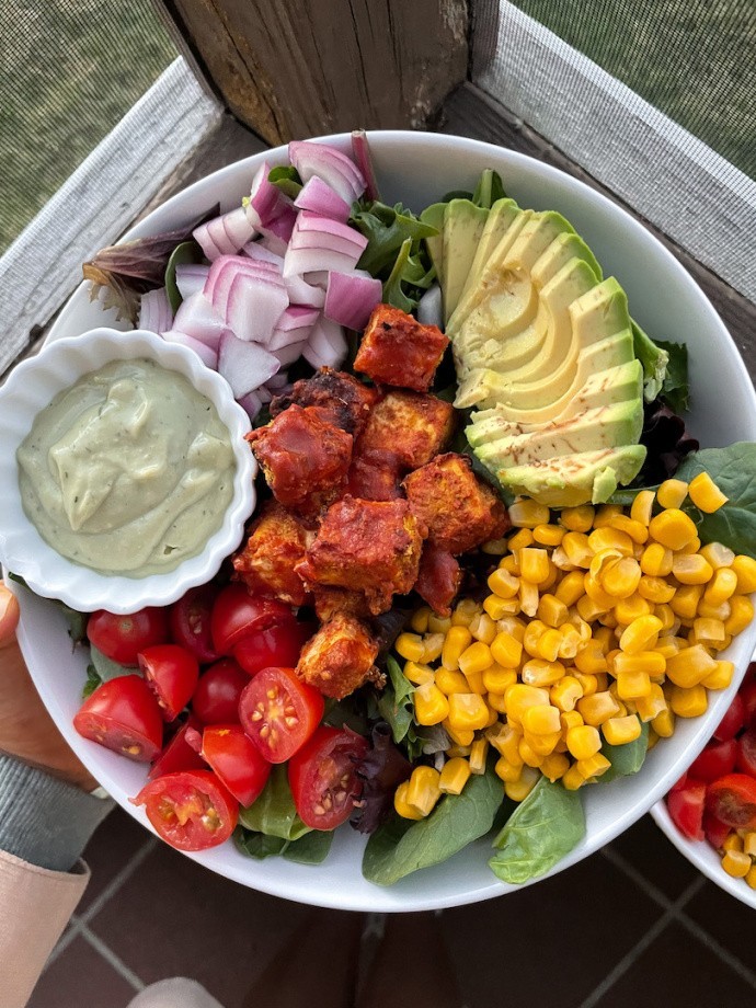 BBQ tofu bowls with avocado tahini dressing (vegan, gluten free)