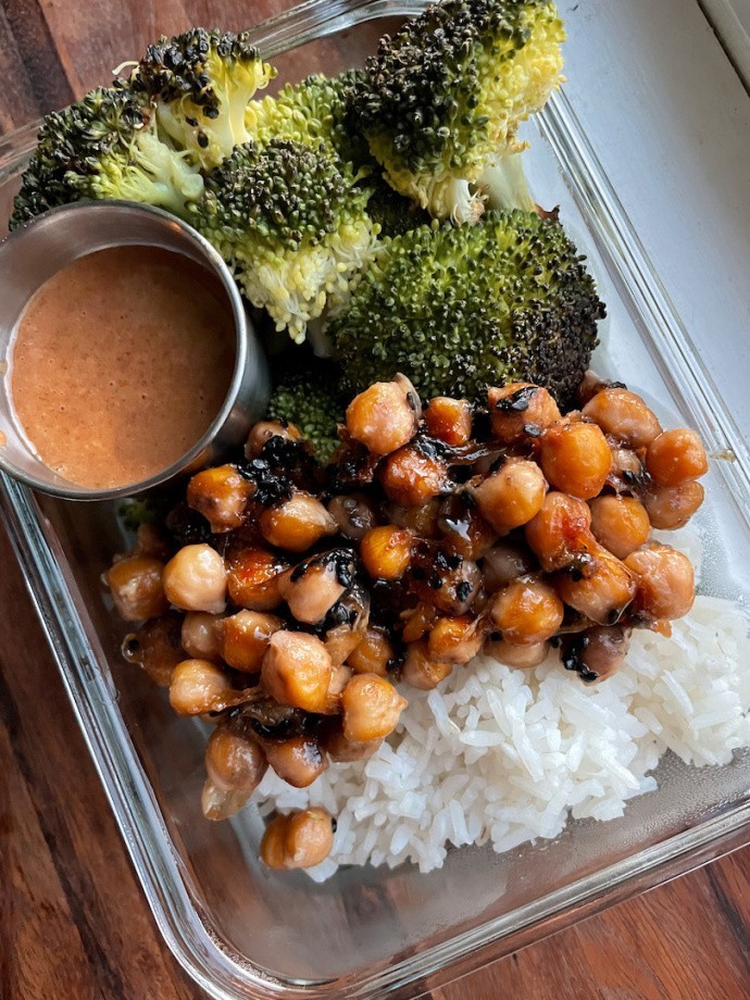 Sesame Chickpeas with Almond Butter Sauce (meal prep, vegan, gluten free)