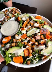 Vegan Caesar Salad with chickpeas and sweet potatoes
