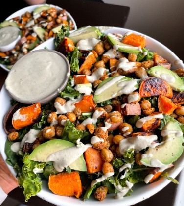 Vegan Caesar Salad with chickpeas and sweet potatoes