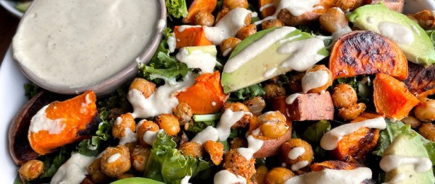 Vegan Caesar Salad with chickpeas and sweet potatoes