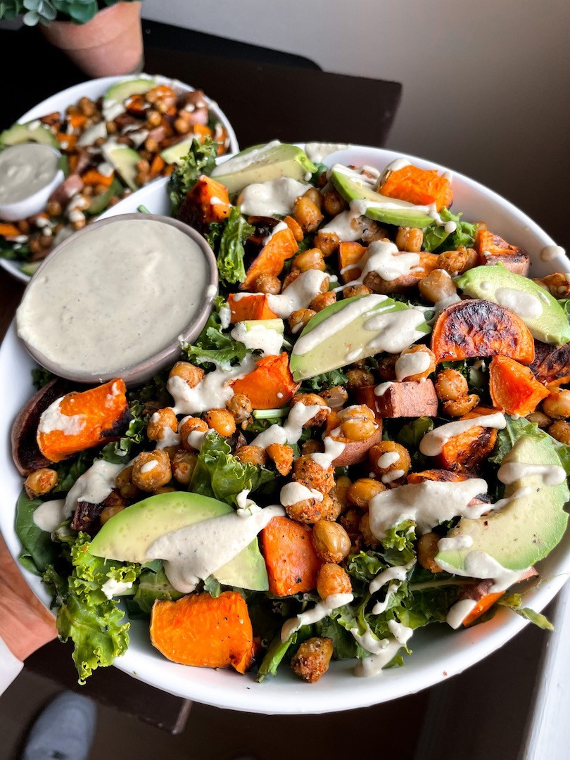 Vegan Caesar Salad with chickpeas and sweet potatoes